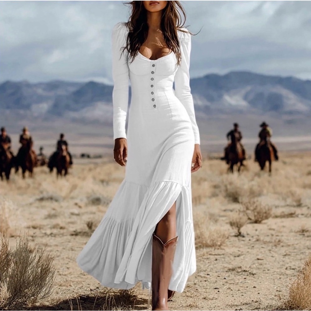 #1065 White Long-Sleeve Button-Front Maxi Dress